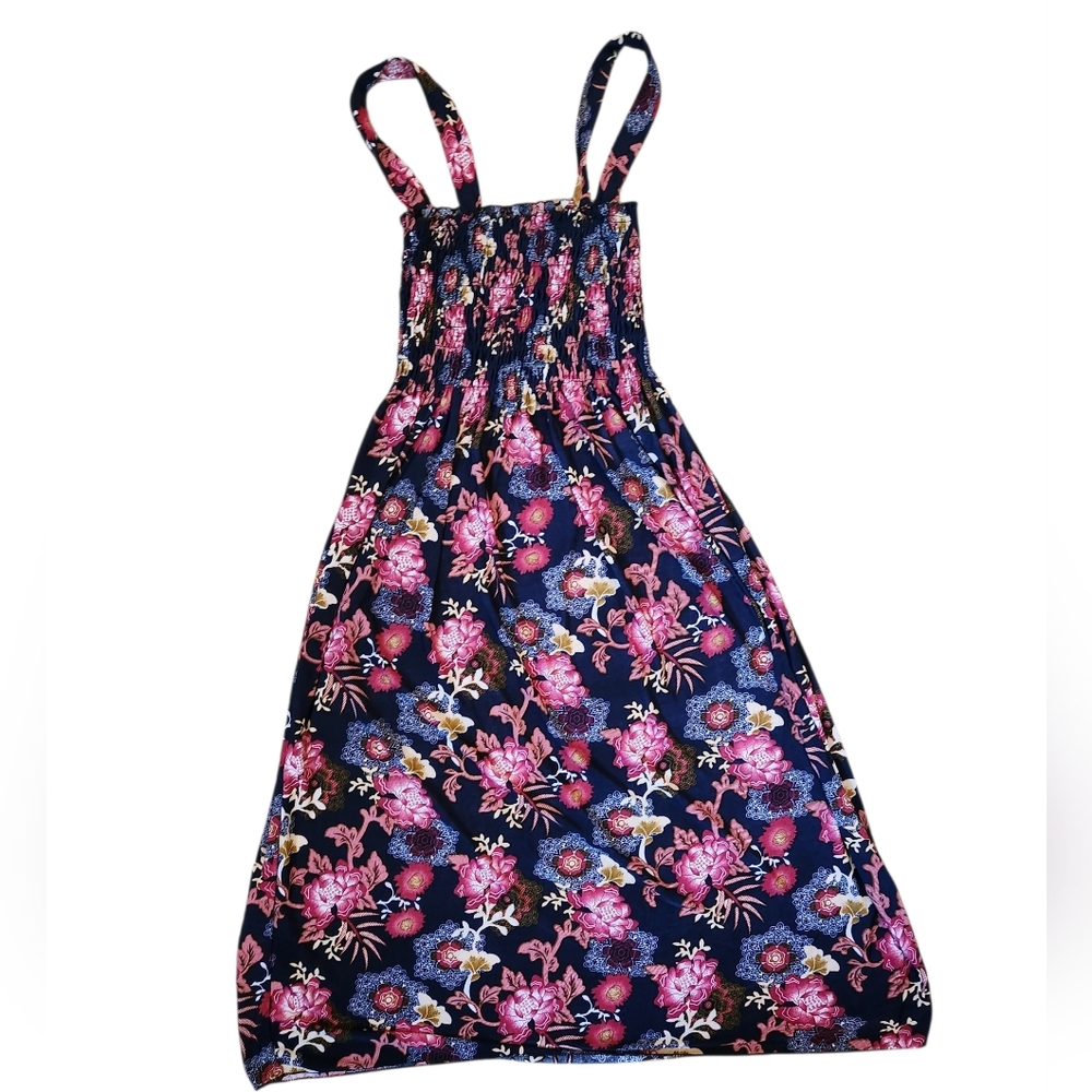 Floral Print Sundress Knee Length Stretchy Waist Size M